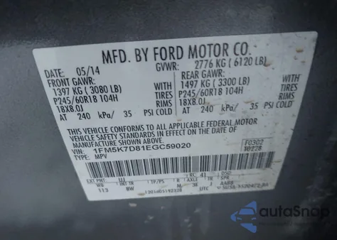 2014 Ford Explorer Xlt из США, поврежденный, VIN 1FM5K7D81EGC59020